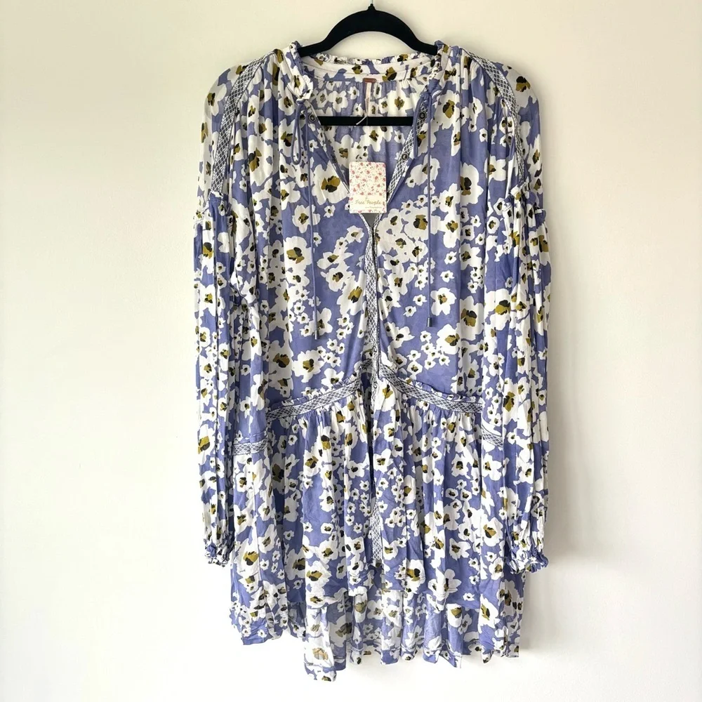 Free People Love Letter Tunic Rain Combo Blue White Floral Daisy Sheer Boho